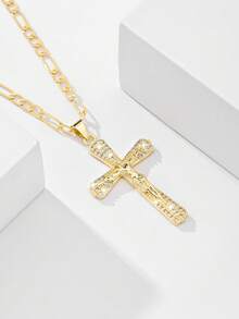 1pc Classic European Style Copper Inlaid Zirconia Jesus Cross Pendant Necklace, Limited Edition "Light Of Protection", Suitable For Christmas, Thanksgiving, Halloween, Mother's Day, Valentine's Day, Gifts For Couples, Friends, Church Members, First Holy Communion, Daily Wear And Prayer - Yellow Gold - View 5