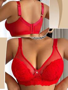 Plus Size Women Fashion Lace Patchwork Wireless Bra - Red - View 4