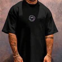Camiseta Oversized Streetwear Masculina Gola Alta Rosto Sorriso Meme - Preto - Visão 1