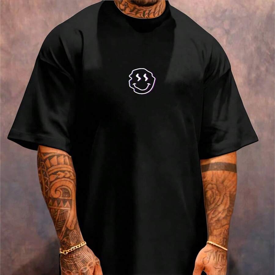 Camiseta Oversized Streetwear Masculina Gola Alta Rosto Sorriso Meme - Preto - Visão 1