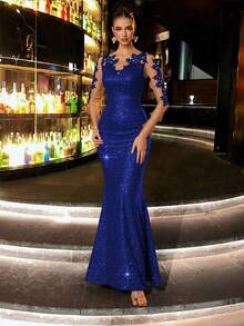 CHOSMO Elegant Solid Shiny Knit Backless Formal Dress For Women, Suitable For Wedding Guest, Homecoming, Party, Anniversary, Music Festival, Cocktail, Formal Dinner, Graduation, Prom, Travel, Stage Performance - Royal Blue - View 8