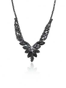 Black Zirconia Leaf Jewelry Set, Elegant Necklace + Earrings, Shiny Accessories For Party & Date - Multicolor - View 6