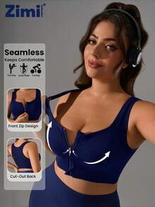 Zimi Collection 1pc Plus Size Women Seamless Wireless Zip-Front Sports Bra, Comfortable Racerback Design For Outdoor Cycling, Running, Yoga - Navy Blue - View 3