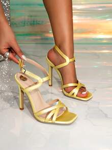 Women's Gold Criss-Cross Strap Super High Heel Sandals - Yellow - View 1