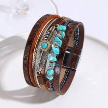 1pc Bohemian Style Beaded, Feather & Leather Women Bracelet, Creative Vintage Turquoise Magnetic Clasp Wristband, Versatile For Party And Daily Wear - Bracelet - View 19