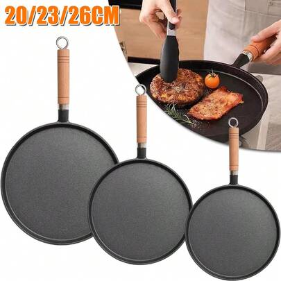 Non-Stick Round Frying Pan Set (20CM/23CM/26CM): Equipped With Ergonomic Wooden Handles & Convenient Hanging Loops For Comfortable Grip And Space-Saving Storage, Ideal For Searing Steaks, Frying Bacon, And Daily Home Meal Preparation, Boasting Durable Non-Stick Coating For Effortless Food Release And Hassle-Free Cleanup, With Versatile Sizes To Accommodate Different Serving Portions And Cooking Needs In Home Kitchens