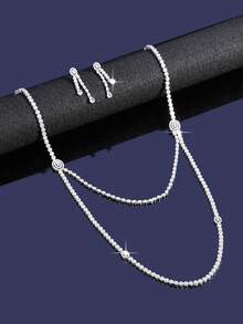 三件套奢华皇家风新娘首饰套装，包括项链和耳环，采用双层叶形流苏设计，镶嵌立方氧化锆，适合日常佩戴和婚礼场合。 - B4318-R - 查看 6