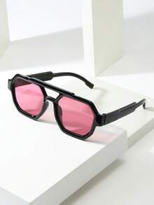 1pc Unisex Square Frame Minimalist Stylish Fashion Glasses, Suitable For Travel, Casual, Party, Beach, Daily Wear - Black Frame Red Film - View 1