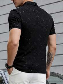 Men's Luxury Casual Slim Fit Turndown Collar Black Starry Short Sleeve Polo Shirt, Summer - Black - View 2