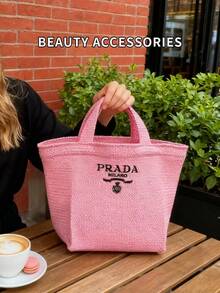 Prada 时尚手提包，饰有精致刺绣logo，编织手提包，度假手提包，通勤购物包，适合日常通勤、购物和度假，是完美的节日礼物。