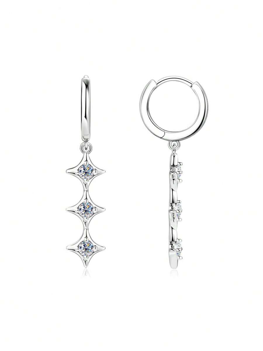 S925纯银星形立方氧化锆流苏耳环，闪耀白钻，适合女性日常、通勤、派对等场合佩戴，附赠精美礼盒 - 銀色 - 查看 1