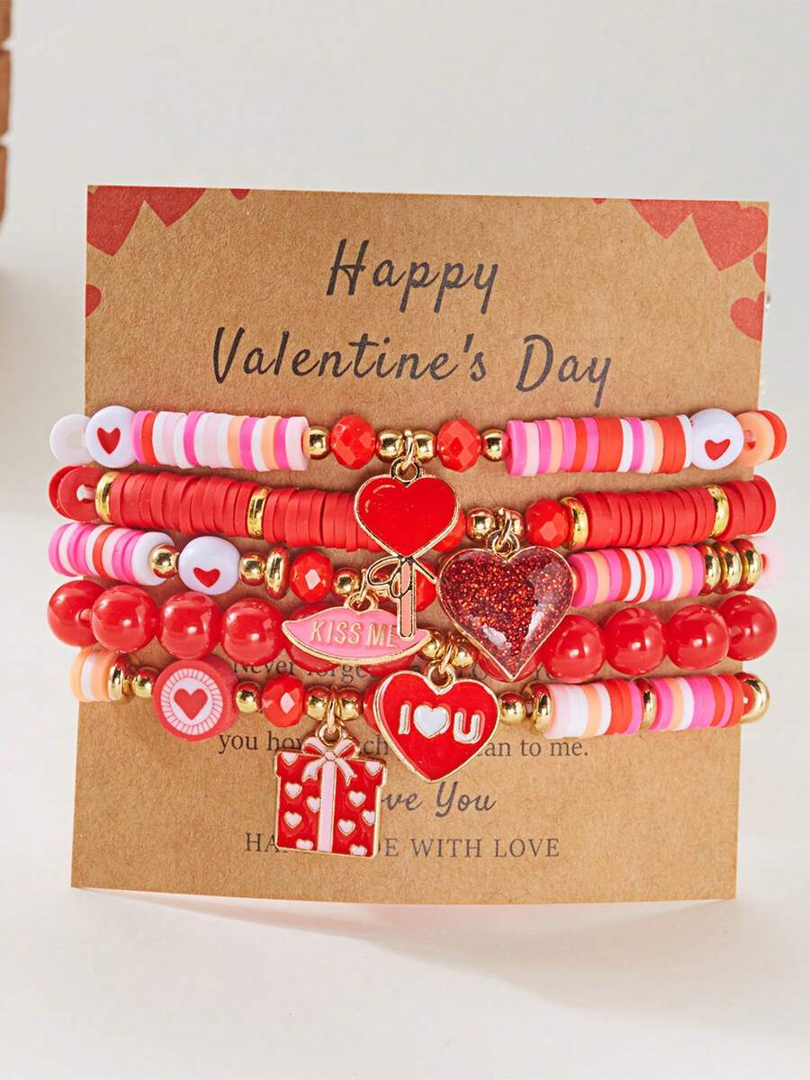 5件套时尚个性高品质红色心形串珠手链套装，适合作为情人节、感恩节、圣诞节和日常佩戴的礼物送给女性。 - 彩色 - 查看 1