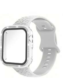 1 set 3-en-1 Nouveau bracelet de montre et film de protection de boîtier en silicone à la mode avec imprimé léopard et diamants intégrés. Étui de protection pour montre compatible avec Apple Watch 38 mm, 40 mm, 41 mm, 45 mm, 44 mm, 42 mm, 49 mm pour Apple Watch Ultra Série Ultra 9 8 7 6 5 4 3 2 1 SE. Bracelet de remplacement confortable et respirant, étui de protection pour montre résistant aux rayures et étanche aux chocs, pour femmes et hommes. - Transparent - Voir 3