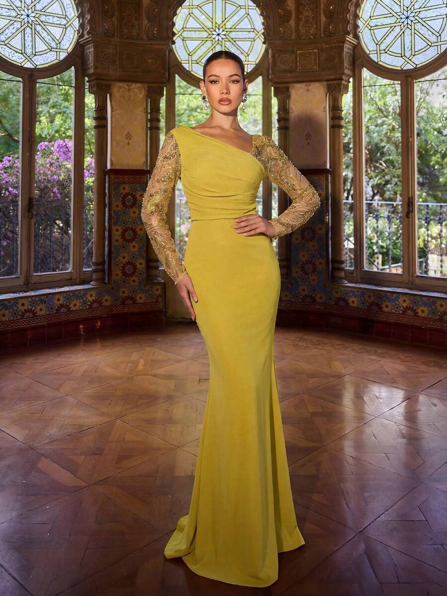 Faeriesty 女士优雅不对称肩部晚礼服 - 这款精致的不对称肩部正式礼服采用串珠袖子、亮片网纱嵌片和纹理褶皱紧身胸衣设计，是盛大晚宴、新年庆祝活动、专属 VIP 派对、正式颁奖典礼和红毯首映礼的理想选择。