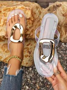 Summer New Fashion Casual Flat Sandals, Comfortable Beach Slippers For Women, French Romantic Retro Classic Simple Casual Slide Sandals, Exquisite Luxurious Atmosphere For Roman Holiday, Beach Party, Round Toe Flat Women Sandals, Italian Palace Style Sweet Cute Literary Elegant High-End Comfortable And Breathable Lightweight Open Toe Flat Beach Sandals, Forest Style Vacation Lightweight Comfortable Casual Sandals - Clear - View 1