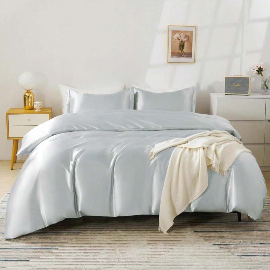 HOdo Home Satin Duvet Cover King Size, 3 Piece Silk Like Comforter Cover, Ultra Soft And Breathable Bedding Set With Zipper Closure &Amp; Corner Ties (Light Grey) - MàuE - Xem 1