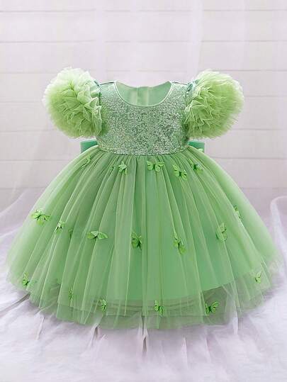 女婴圆领亮片3D蝴蝶结褶皱薄纱可爱派对公主裙，适合花童、户外拍照、度假等场合，面料图案随机裁剪，不含发带