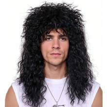 70s 80s Hair Metal Rocker Hippie Costume Accessories - Long Curly Black Synthetic Costume Wig For Halloween, Cosplay, Anime, Themed Parties Unisex Adjustable Design - Black - View 5