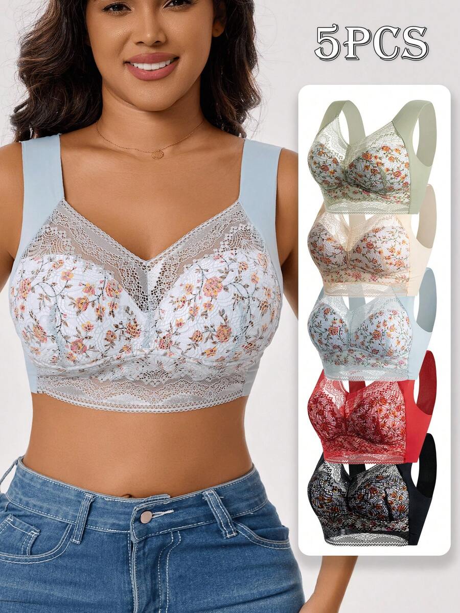 5 Pieces Of Simple Solid-Color Multi-Butterfly Floral Lace Bras, Comfortable And Breathable Full-Cup Without Underwire Bras, Women's Underwear And Close-Fitting Clothing - Without Underwire Design, Thick Cup Pads, Breathable And Soft, Suitable For Daily Casual And Formal Occasions Women's Underwear, Women's Bras, Lace Bras - Nhiều màu - Xem 1