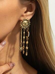 2pcs/Set Bohemian Geometric Asymmetric Star Moon Sun Fashion Earrings, Luxurious Elegant Casual, Party, Holiday, Couple Date, Women's Festival Versatile Jewelry Gift - Earring - View 3