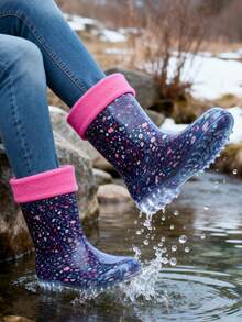 Women's Black Floral Print Mid-Calf Boots With Fur Trim, Casual Daily Style Shoes - Multicolor - View 4