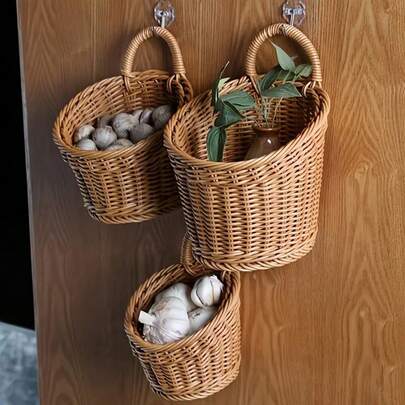 3pcs/Set (L+M+S) Rattan Woven Wall Hanging Baskets, Wicker Baskets For Kitchen Ginger Garlic Fruit Flower Storage, Home Organizer Shelves, Ideal For Floral, Bedroom, Kitchen Items, Multipurpose Home Decor Baskets