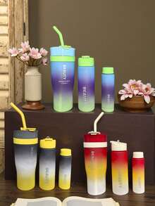 3pcs/Set New Car Cup, 3pcs Outdoor Sports Water Bottles With Colorful Straws, Portable And Elegant, Kitchen Supplies, Suitable For Outdoor Cycling, Hiking, Marathon, Yoga, Bedroom Needs, Travel Essentials, Suitable For A Family Of Three, Including Office Workers And Students - Multicolor - View 2
