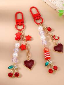 1pc Beaded Star Keychain, Cherry Heart Keyring, Keychain, Girl Bag Charm - Multicolor - View 1