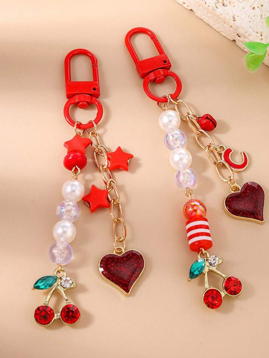 1pc Beaded Star Keychain, Cherry Heart Keyring, Keychain, Girl Bag Charm - Multicolor - View 1