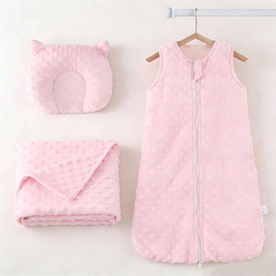3pcs/Set Baby Sleeping Bag Set, Including Baby Pillow + Baby Blanket + Baby Sleeping Bag, Warm & Comfortable Newborn Supplies 0-6M - Pink - View 1