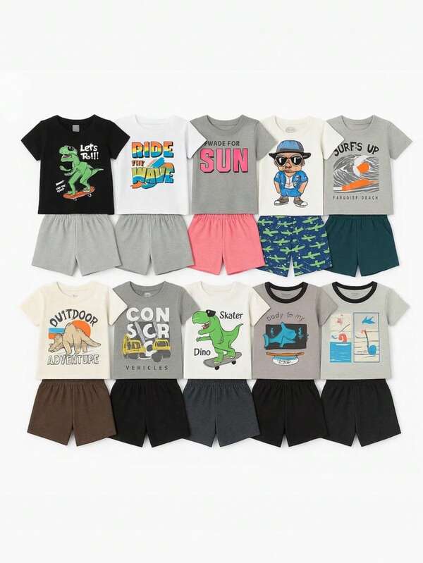 Kit 10 Peças de Roupas Masculino Infantil Menino 5 Conjuntos Verão Bermuda, Camisa ou Regata de Malha, Tecido, Estampado