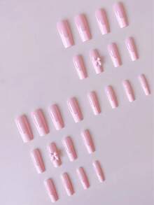 24片长方形假指甲，3D粉色蝴蝶结装饰，法式粉色边框，瞬间提升您的造型，适合时尚女性和女孩，完美适用于日常佩戴、派对、情人节等场合。可卸除，可重复使用，包含啫喱凝胶和指甲锉。美甲用品 - 粉色 - 查看 3