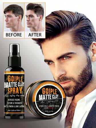 Goiple 1 Set Arcilla para peinado de acabado mate de larga duración para hombres, spray potenciador de textura, spray para peinado, con efecto ligero, arcillas para peinado, cera pomada, voluminizador, efecto mate suave y manejable, peinado diario, spray para peinado, cera pomada natural, apto para todo tipo de cabello (100g Arcilla + 100ml Spray)