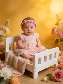 新款摄影道具 复古新生儿摄影棚道具 木床，可拆卸婴儿木制婴儿床摄影配件 - 彩色 - 查看 3