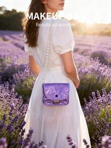 Gucci Purple Square Cosmetic Bag, DIY Pearl Chain Storage Bag, Fashion Shoulder Bag - Purple - View 6