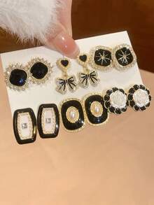 6对/套 奢华复古花朵蝴蝶结耳环，饰以仿珍珠，适合日常及节日佩戴，轻奢高端女士耳环，方形仿珍珠耳环，女士仿珍珠首饰套装 - 彩色 - 查看 6