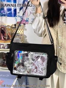 新款时尚女式可爱日系尼龙斜挎包，带徽章展示板，热销Y2K原宿痛包，女大学生书包，少女单肩包，透明PVC材质，S码，女士返校礼物，斜挎包，动漫/粉丝包 - 黑色 - 查看 2