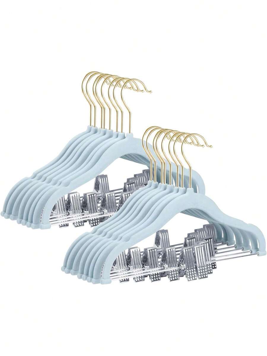 Hangers - 14 Pack Non-Slip Heavy-Duty Hangers With Clips - Blue (Gold Hook) For Shirts, Pants, Skirts, Dresses, Jackets, Coats,39830294 - 金色 - 查看 1