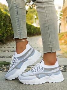 2026新款透气针织厚底女鞋，夏季薄网休闲运动鞋，多功能增高厚底运动鞋 - 白藍 - 查看 3