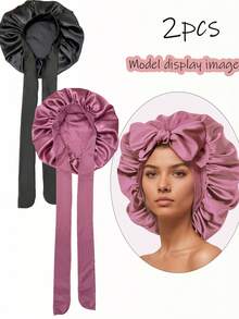 2pcs Satin Silk Sleeping Cap, Thickened With Drawstring, Suitable For Curly Hair And Braided Hairstyles Hair Sleep Cap - Bonnet With Tie - Multi-color - View 16