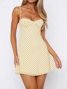 Womens Polka Dot Mini Dress, Sleeveless Spaghetti Strap A-Line Summer Casual Dress, Slim Fit Beach Party Dress - 黃色 - 查看 1