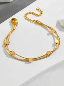 1 pieza Tobillera de mujer de doble capa, estilo de playa de acero inoxidable con diseño cuadrado multicapa, regalo de joyería de moda (sin caja de regalo) - Amarillo Oro - Ver 6