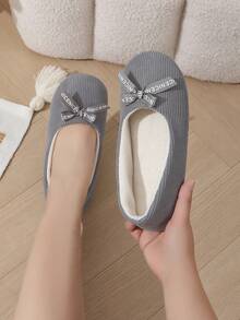 Women's New Solid Color Ballet Flats, Corduroy Material With Bow Decor, Indoor Comfortable Quiet Non-Slip Soft Bottom Fluffy Slip-On Slippers - Grey - View 1