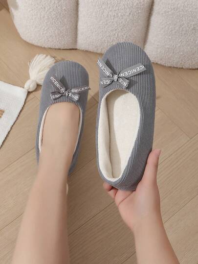 Women's New Solid Color Ballet Flats, Corduroy Material With Bow Decor, Indoor Comfortable Quiet Non-Slip Soft Bottom Fluffy Slip-On Slippers