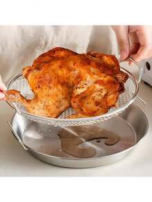 2个重型不锈钢煎炸油沥油架带托盘 - 可折叠圆形金属网篮带滴油盘，适用于煎炸、清洗蔬菜、洗碗机（兼容多种型号）