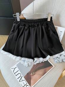 灰色蕾丝边休闲裤，百搭，松紧腰，宽松阔腿，娇小款，适合春夏穿着，黑色 - 黑色 - 查看 8