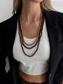 1 pieza Collar de cadena de cuentas de madera de estilo bohemio de varias capas, elegante y de moda para uso diario, casual, fiesta, boda, vacaciones, encanto versátil, regalo de joyería falsa para mujeres - collar - Ver 2