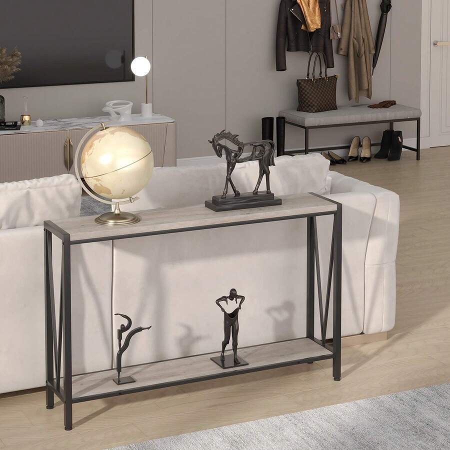 Mesa de Consola Estrecha con Estilo Encantador - Estructura en V y Estantes Abiertos, Toque Industrial Versátil para Sala o Entrada - Color Gris - Gris - Ver 1