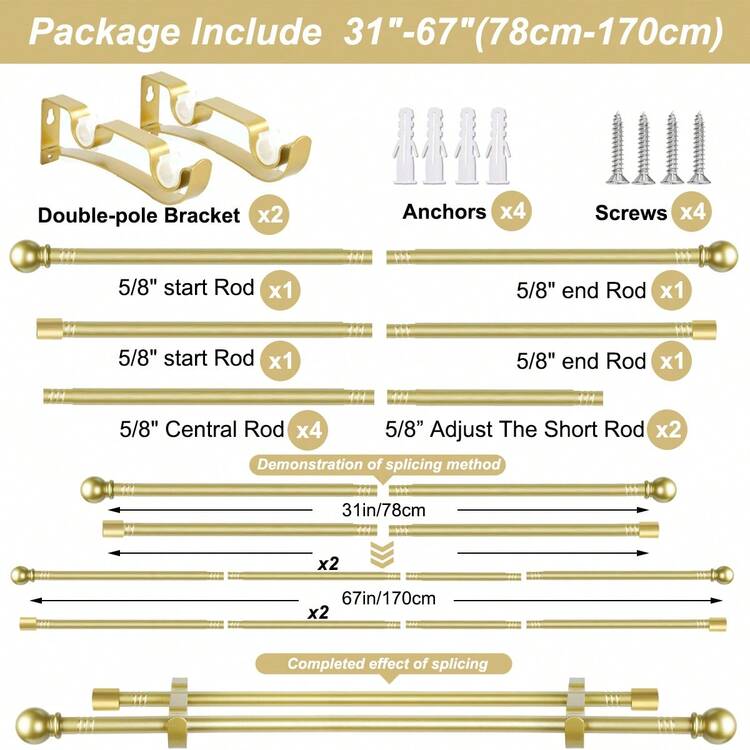 Thanh treo rèm hai lớp, dài từ 28 đến 148 inch, giá đỡ kẹp chắc chắn, thanh đôi bằng kim loại 5/8 inch dành cho rèm cửa, các đoạn thanh có thể điều chỉnh, đầu trang trí. - Vàng - Xem 18