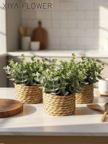 3pcs/Set Artificial Grass Hill Vine Small Potted Plants, Identical Items, Sea Grass Rope, Gift, Artificial Plant, Green, PE & Polyester Fiber Material, Handmade, Wedding Decor - Green-f - View 11